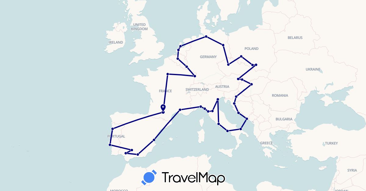TravelMap itinerary: driving in Austria, Belgium, Czech Republic, Germany, Spain, France, Croatia, Hungary, Italy, Luxembourg, Netherlands, Poland, Portugal, Slovakia (Europe)